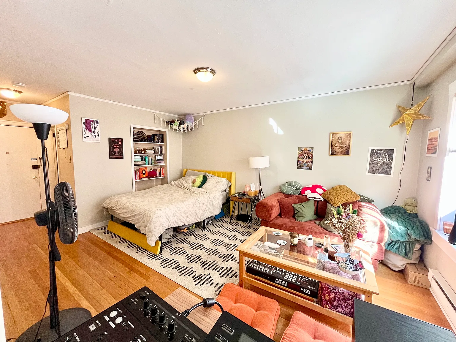 Spacious studio with room for bed and living room set. Built in Cabinet for storage