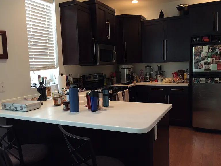 Kitchen area. Bathroom to the right and exit to the garage
