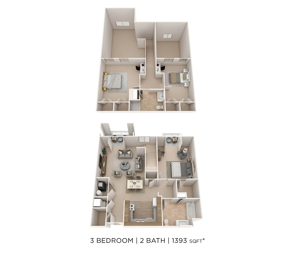 Floor plan Three Bedroom 2 Bath-1393 sqft