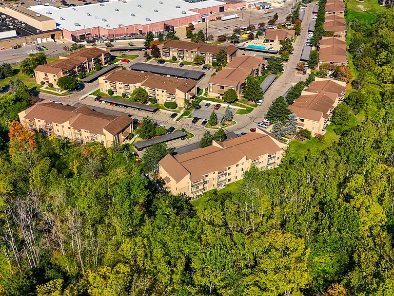 Aerial Community View with Carports at Franklin River Apartments in Southfield, MI
