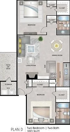 Two Bedrooms, Two Bathrooms, 1021 sqft, Patio/Balcony, Full-Size Washer/Dryer Connections, Two Walk-in Closets, Fireplace in Second Floor Homes Only Two Bedrooms, Two Bathrooms, 1021 sqft, Patio/Balcony, Full-Size Washer/Dryer Connections, Two Walk-in Clo