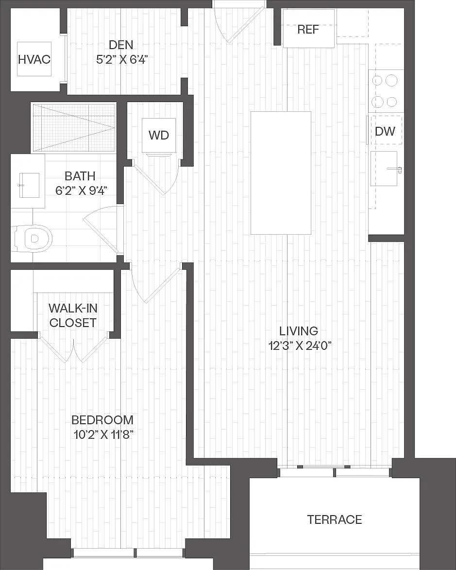 Floor plan 1 Bed/1 Bath Den-DA1