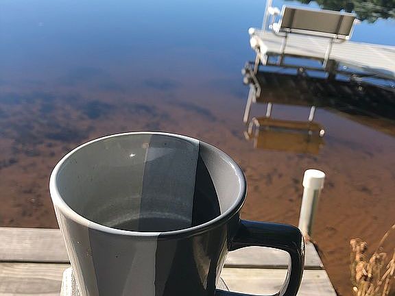 coffee on lakeside deck