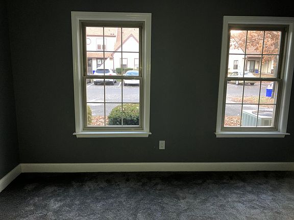 Bedroom before the blinds were installed, gray walls with gray/silver carpet, very plush, has custom built shelves in closet and and large mirrored closet door.
