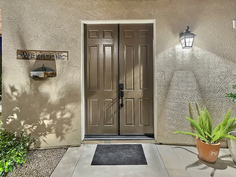 Casita doorway lit at night