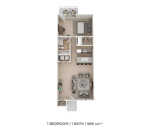 Floor plan 1 Bed 1 Bath A - 596sqft