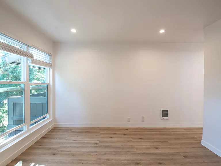 Primary bedroom back wall view showing the double large windows and natural light that filters through the tree tops.