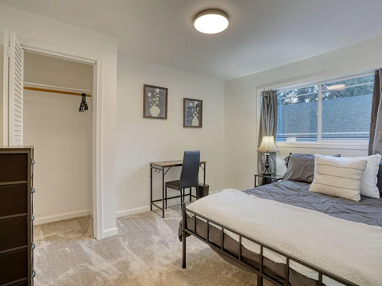 Desk and chair provided as well as dresser, side table and lamp. Everything to feel at HOME!