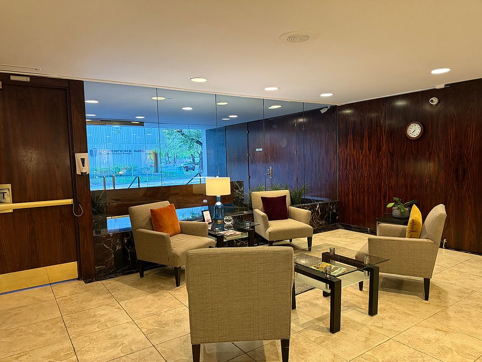 The lobby has two seating areas and is used by the community for visiting, a book club and other activities.
