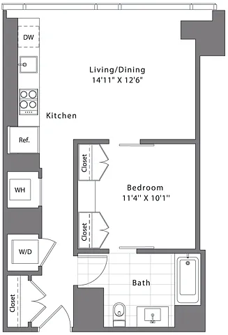 Floor plan 1 Bed - 1 Bath | AJ2
