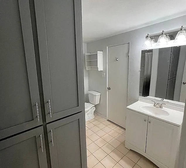 Modern bathroom interior with sleek gray cabinetry, elegant lighting, and a pristine white sink.