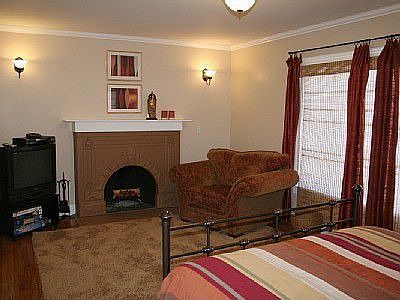 wood burning fireplace in master bedroom.