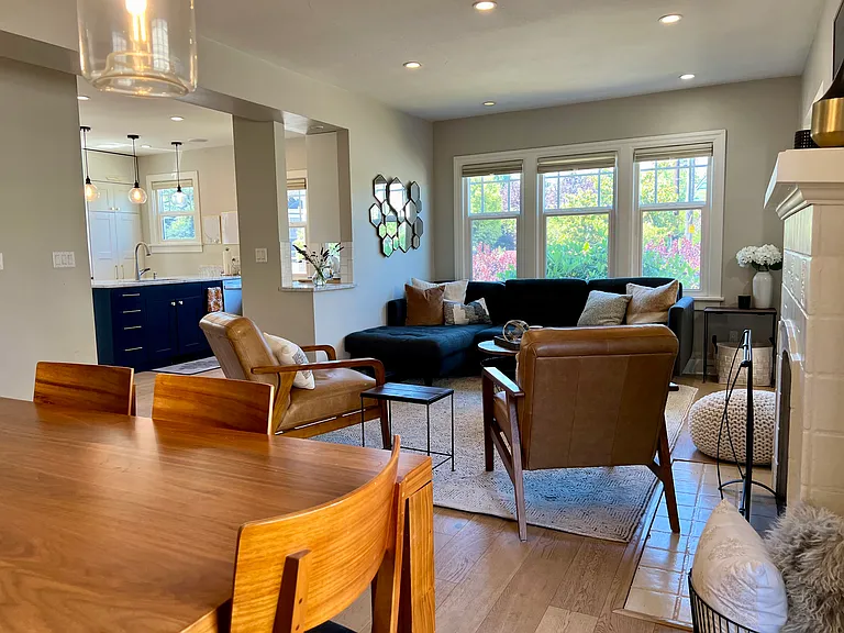 View to kitchen from open flow dining area.