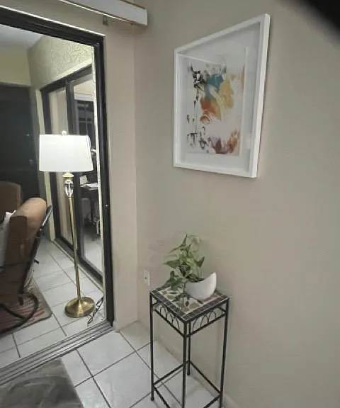 Original artwork and floor lamp outside in the lanai.