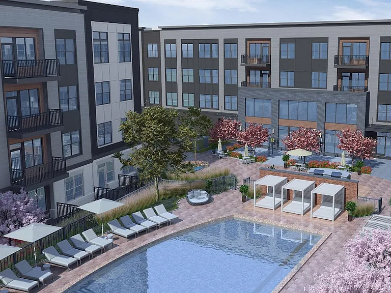 Landscaped courtyard with pool and sundeck (rendering)