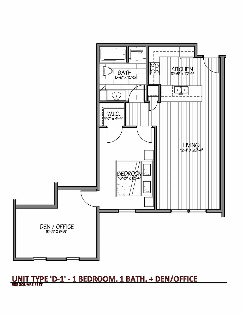 Floor plan 1 Bedroom plus Den D1