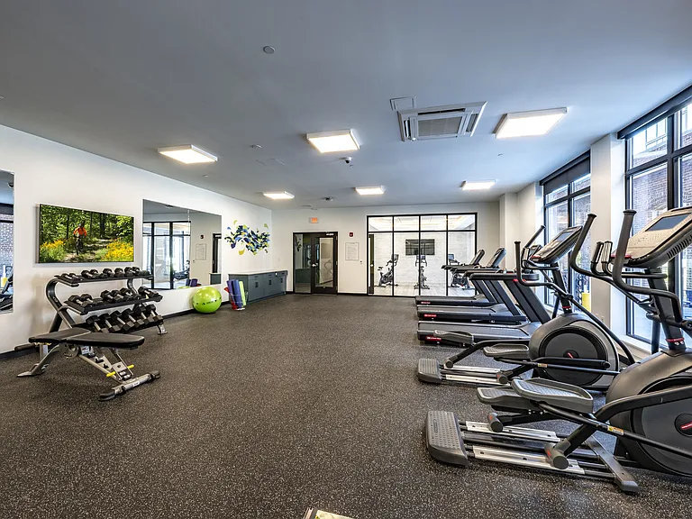 Fitness Center With Cardio Machines, Free Weights And Mirrors