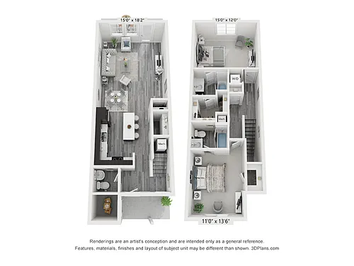 Floor plan Two Bedroom, Two & a Half Bath Townhome