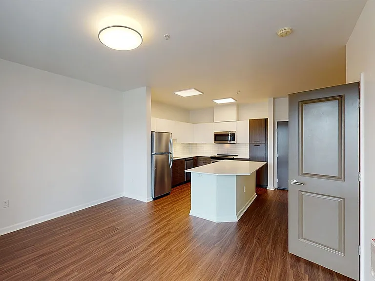 Apartment kitchen with stainless steel appliances, dining and living room with wood-style flooring.