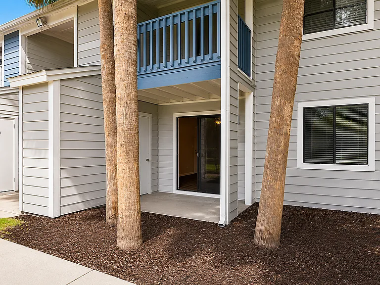 Charming apartment exterior with modern siding, inviting patio with tall palm trees, and a cozy balcony for relaxing outdoor living.