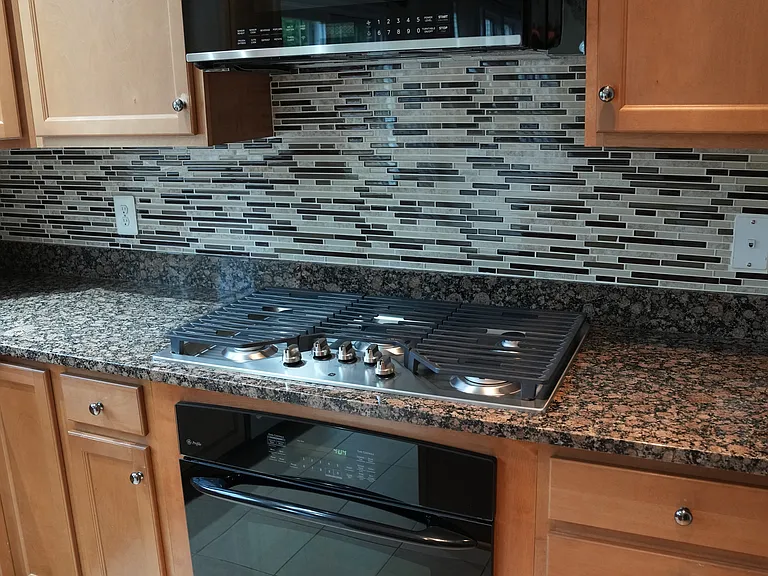 Range, oven, and microwave.