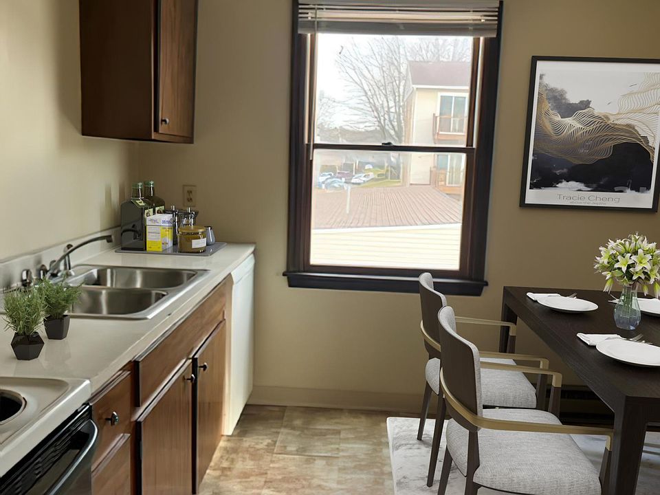 All appliances including a dishwasher, plus room for a table.