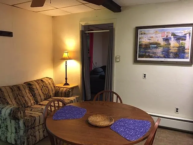 LOVESEAT, BEDROOM DOOR, H/W BASEBOARD HEAT; THE MOST EFFICIENT HEATING SYSTEM IN THE WORLD.
EACH ROOM HAS ITS OWN THERMOSTAT. PAINTING IS BY RENOIR.