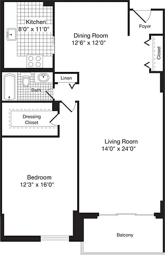 Floor plan 1 Bedroom AA