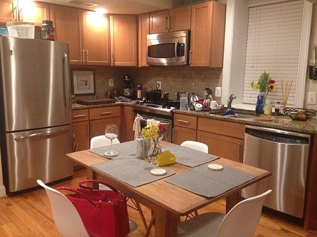 Open floor plan, stainless steel appliances, and granite countertops