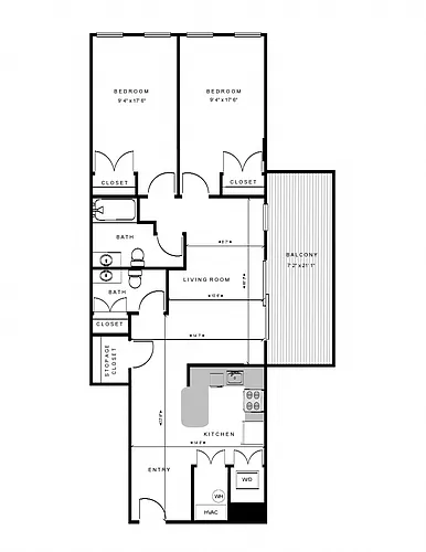 Floor plan 2 Bed 1.5 Bath Balcony Apt 320