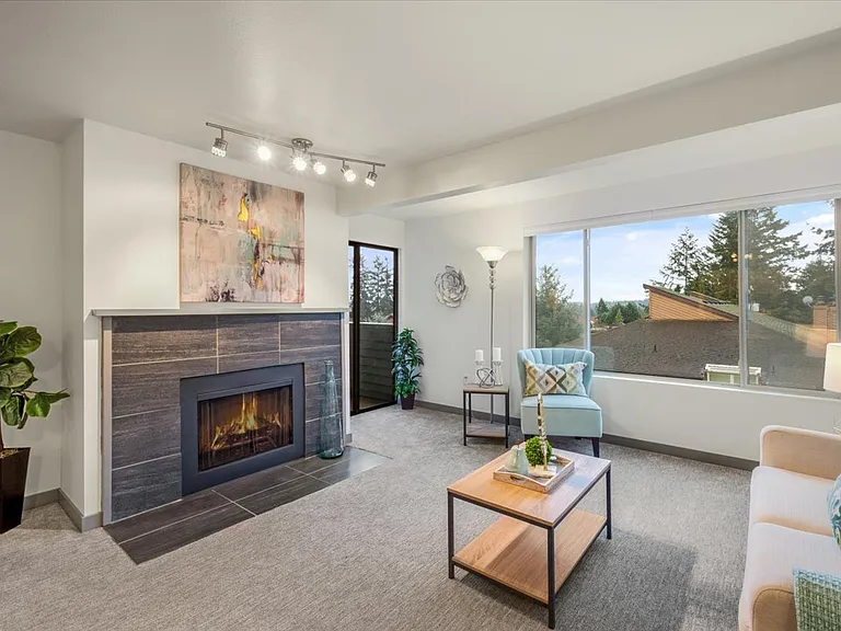 Living room with view of Mount Rainier.