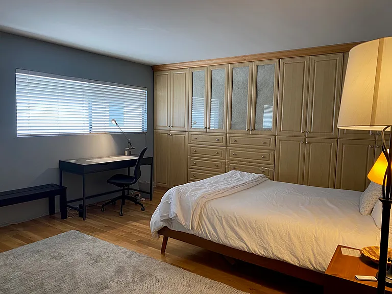 Updated furniture in master bedroom: New Mid-Century Bed Frame and Bedside table from West Elm, and new area rug.