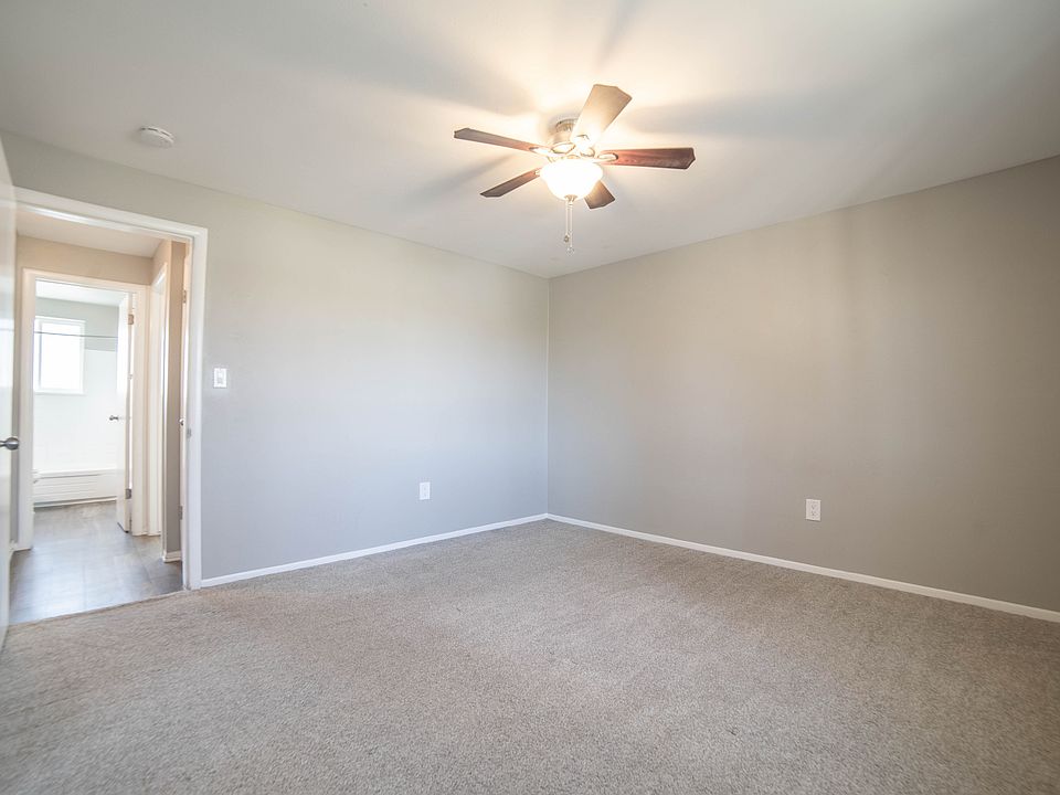 Bright and spacious bedroom with soft carpet flooring and modern ceiling fan, exuding comfort and style.