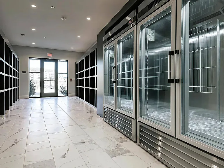 Clubhouse Room with Industrial Refrigerators and Package Shelves
