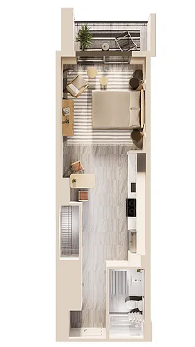 Floor plan East Studio Balcony on Promenade B Furnished