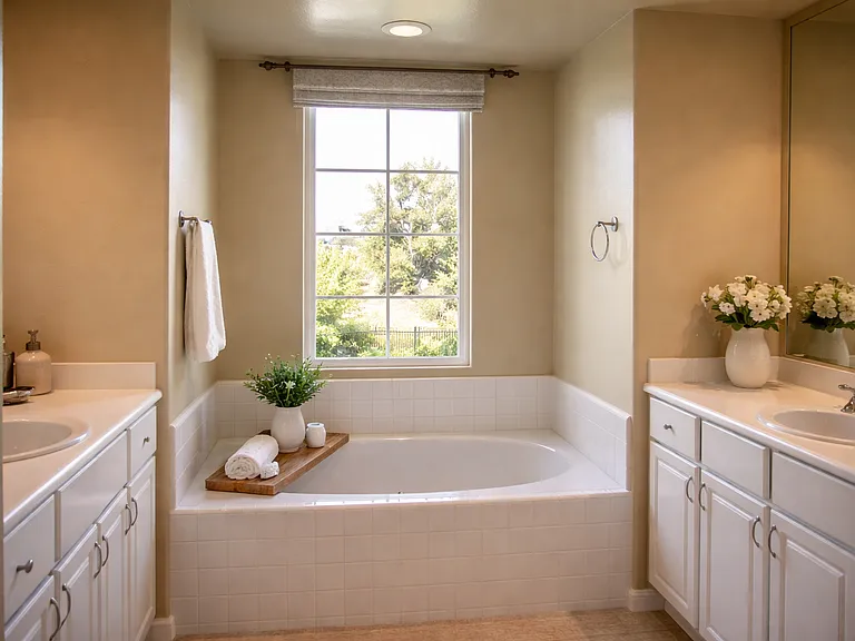 Master bathroom featuring soaking tub, dual sinks, and bright natural light