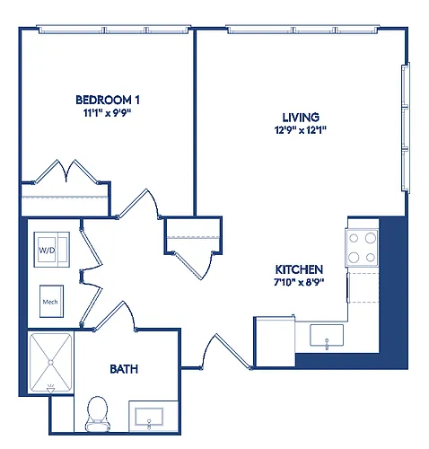 Floor plan 1 BR 1 BA (590 SF)