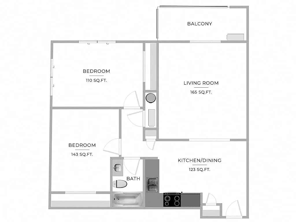 Floor plan 2 Bed/1 Bath-B1