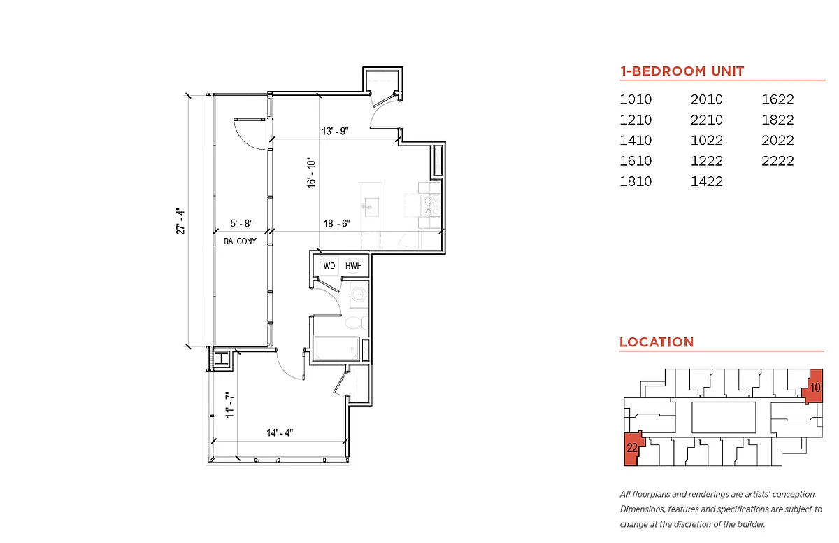 Floor plan One Bedroom with Balcony
