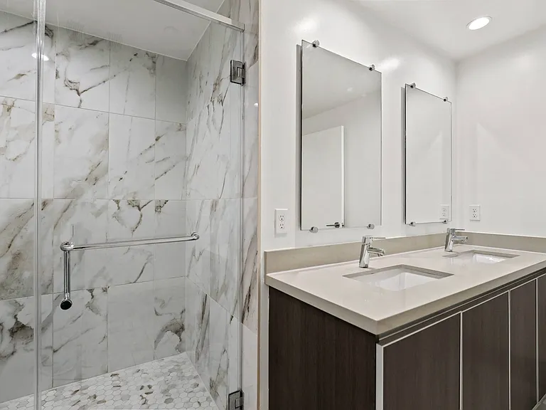Bathroom with Walk-In Shower and Double-Sink Vanity