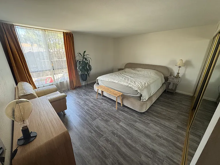 Master bedroom with external window facing Appleton Street. Long mirrow-closet on right side of picture.