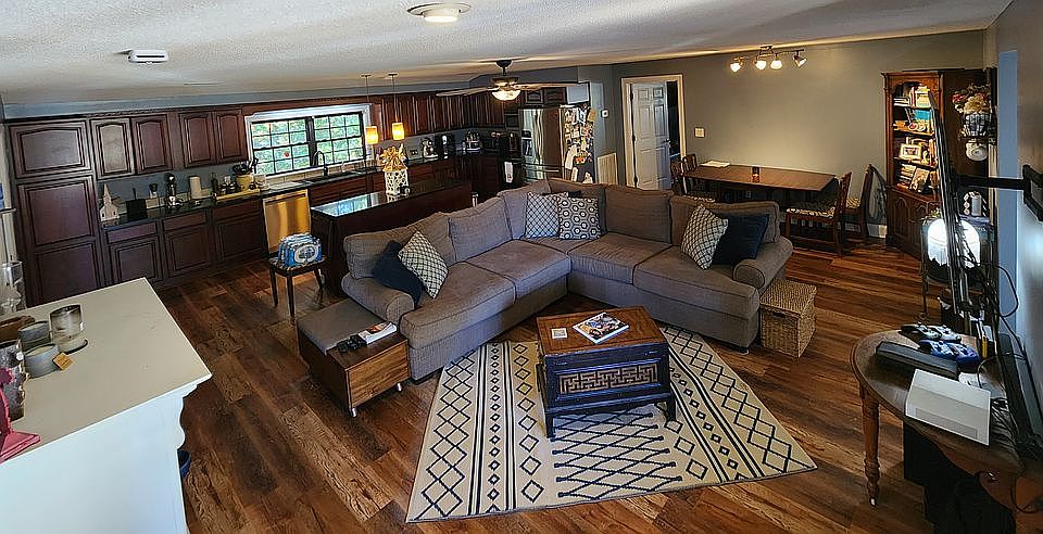 Living room/kitchen area staged