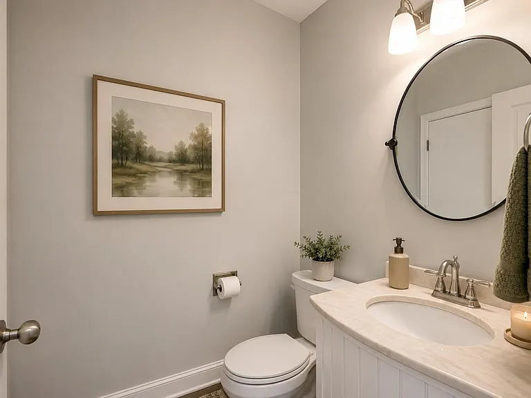 Convenient main-level powder room with updated fixtures and a clean, modern design. Photos are virtually staged.
