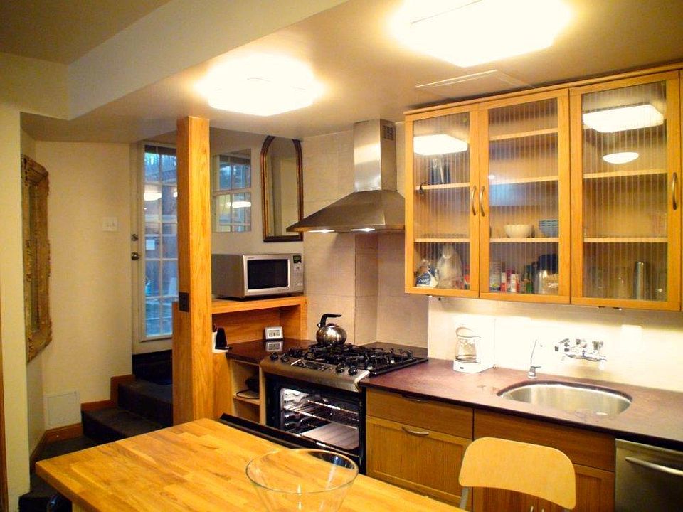 Gas Stove and Microwave. The kitchen door leads to the patio, backyard, and to park.