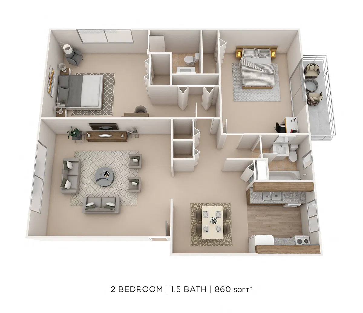 Floor plan Two Bedroom 1.5 Bath-860 sqft