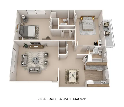 Floor plan Two Bedroom 1.5 Bath-860 sqft