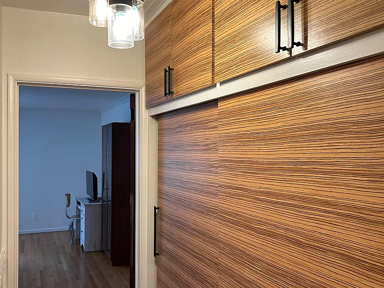 Hallway to bath and bedroom. Closets and storage cabinets paneled with real zebra wood laid horizontally.