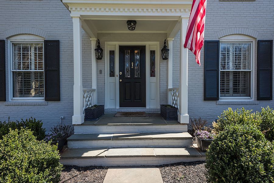 Covered Entryway to Leaded Glass Front Door