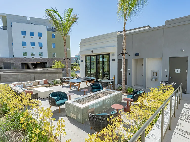 Outdoor seating, firepit and games