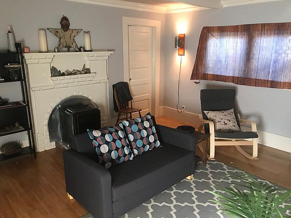 Living room area with gas stove heater insert in the fireplace. Bamboo flooring is super tough against pets and easy to care for.